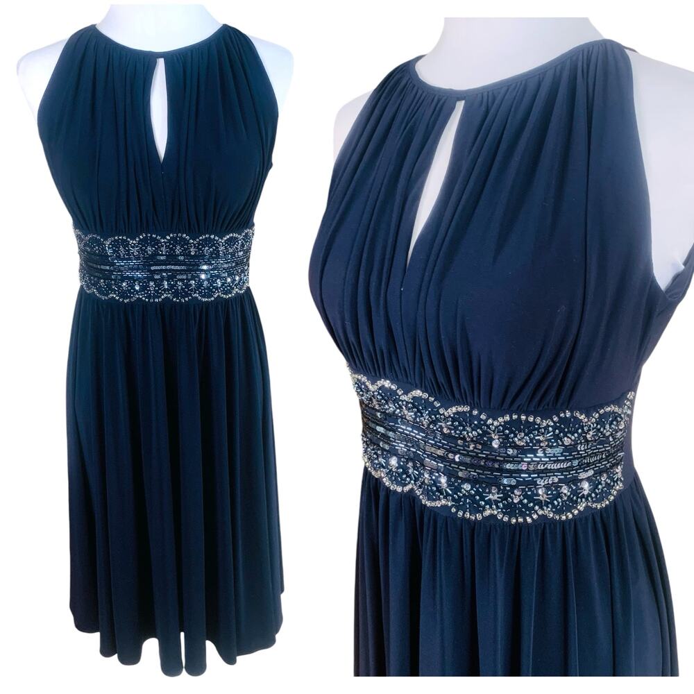 R&M Richards Size 6 Keyhole Embellished Waist Formal Dress Navy Blue Party